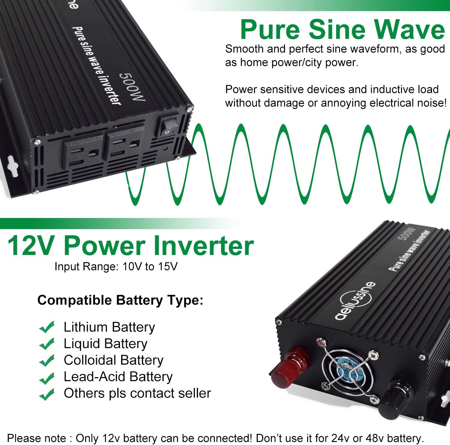 aeliussine 500 watt Inverter Pure Sine Wave Inverter 12v to 110v 120v with 2 US Socket, Power Converter 1000W Surge, Suitable for Car RV, Truck, Yacht, and Off Grid Solar Power System, (500w12v)