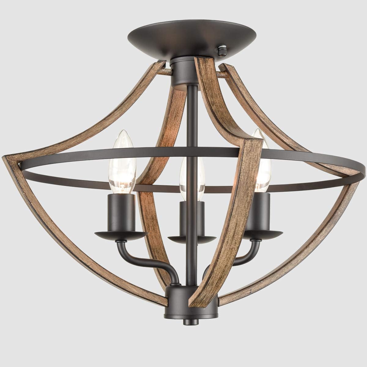 Industrial Ceiling Light Fixture Semi Flush Mount 3-Light Wood Grain and Black Finish Farmhouse Light Fixtures Ceiling