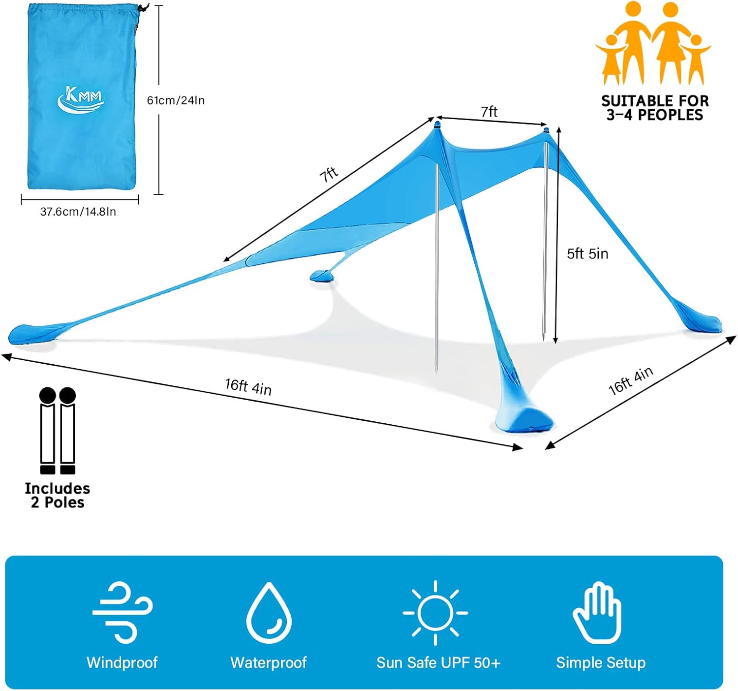 KMM Beach Tent Sun Shade, 7&times;7 FT Family Beach Canopy with UPF50+ UV Protection, Pop Up Sun Shelter for Beach, Fishing, Backyard, Camping and Outdoors