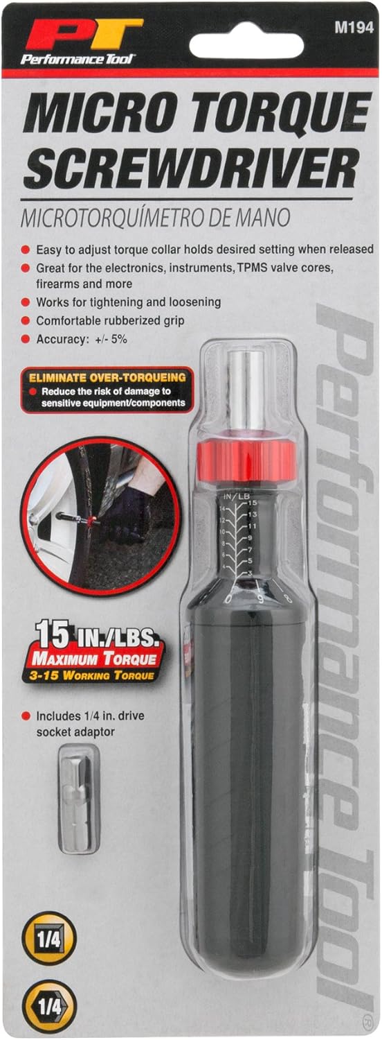 Performance Tool M194 1/4-inch Hex Drive Micro Torque Screwdriver, Black, 3-15 in/lb