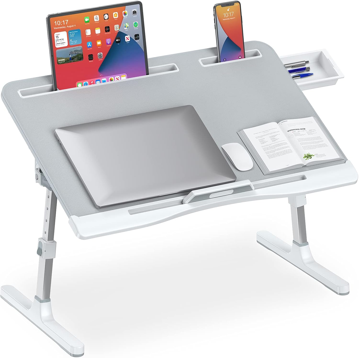 Bed Desk for Laptop, Adjustable Laptop Desk with Foldable Legs Storage Drawer Tablet Slot Removable Stopper, Portable Lap Desk for Writing Working Reading Eating (White Marble) Pack of 2