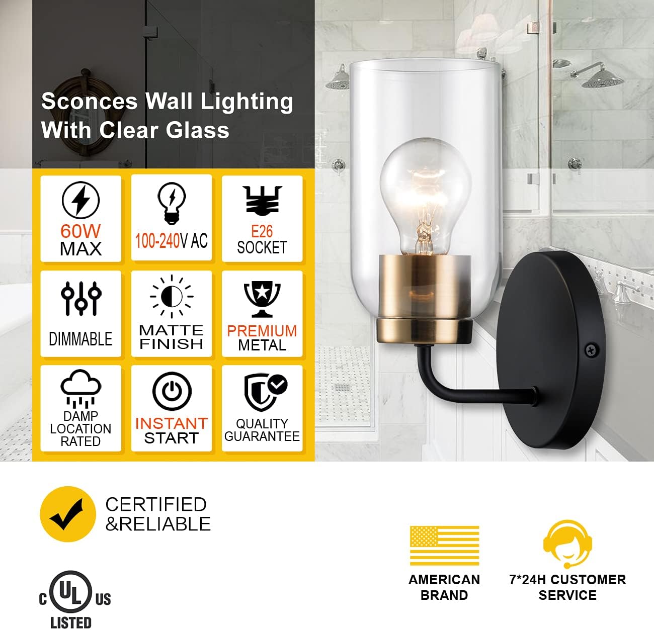 Hamilyeah Gold Wall Sconces Set of Two, Modern Bathroom Sconces Wall Lighting Fixture with Clear Glass Shade,Black and Brass Vanity Wall Lamps for Living Room Kitchen Hallway, UL Listed