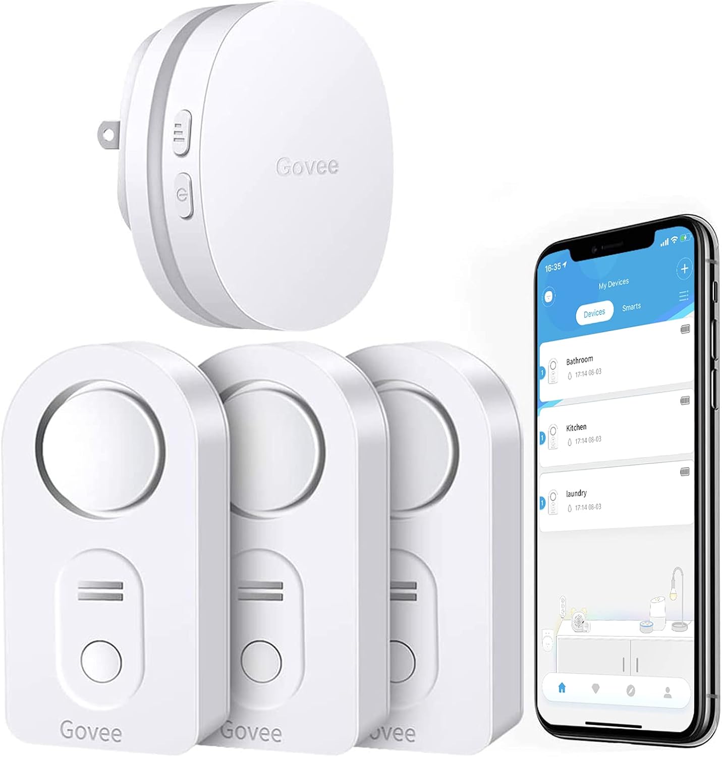 Govee WiFi Water Sensor 3 Pack, 100dB Adjustable Alarm and App Alerts, Leak and Drip Alert with Email, Detector for Home, Basement(Not Support 5G WiFi) Pack of 2