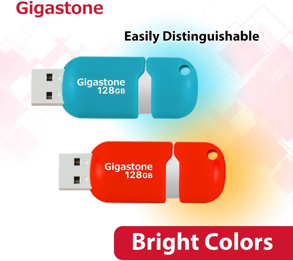 [Gigastone] V10 128GB 2-Pack USB 2.0 Flash Drive Thumb Drive Memory Stick Pen Drive Capless Retractable Design (Blue&Orange) Pack of 2