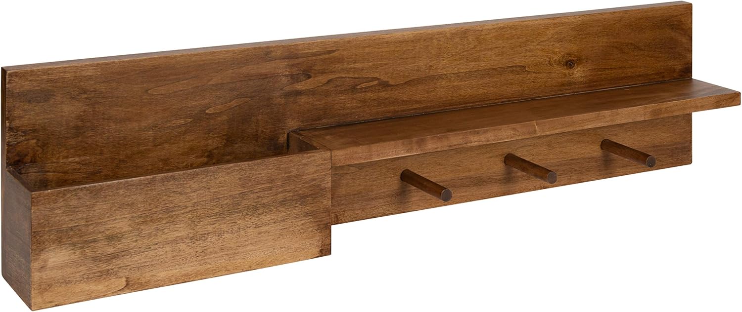 Kate and Laurel Astora Wood Pocket Shelf with Hooks, 36 inches, Rustic Brown, Chic Accent Multi Use Shelf and Mail Holder for Wall