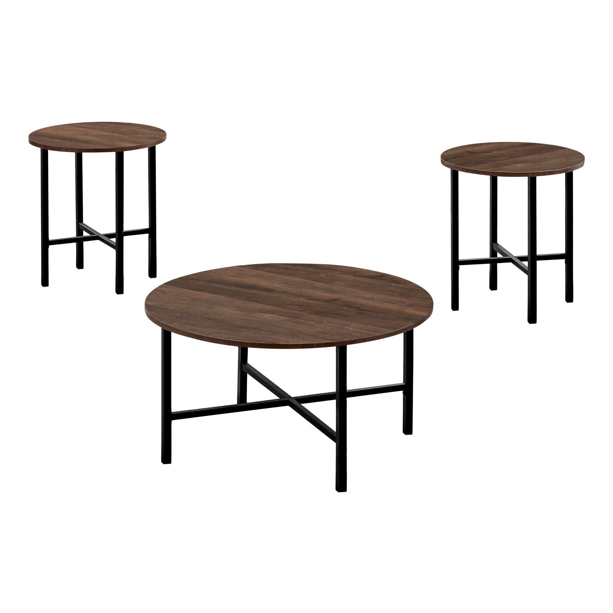 Set of 3 Wooden Brown with Black Cross Metal Base Round Coffee Table and End Tables, 35.5x22