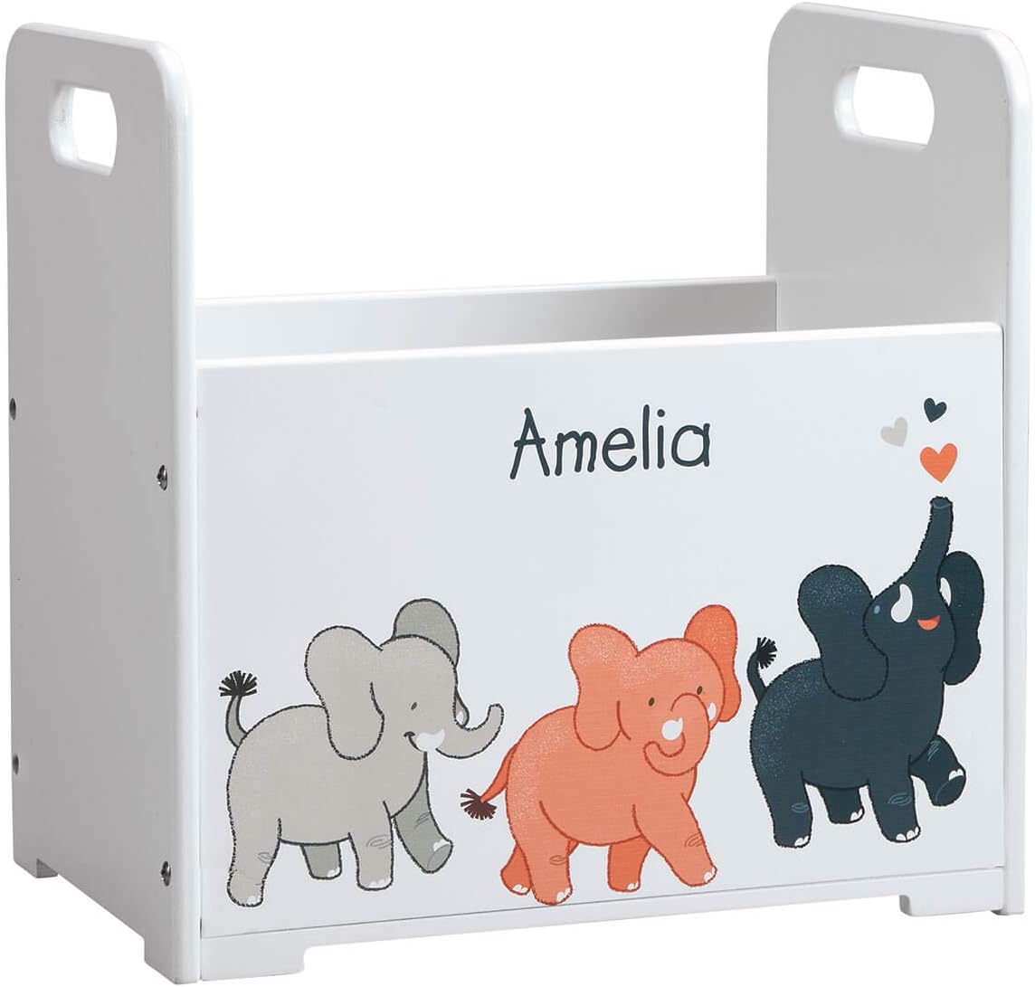 Fox Valley Traders Personalized Kids Wooden Book Caddy, Customized Children’s Book Storage Bin, Musical Animals Design Pack of 2