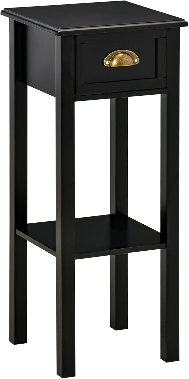 HOMCOM 2-Tier Night Stand with Drawer, Narrow End Table with Bottom Shelf, for Living Room or Bedroom, Black