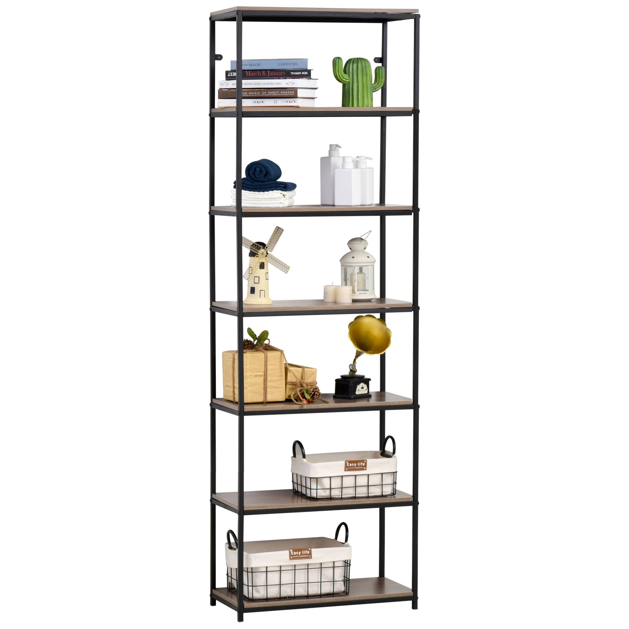HOMCOM Vintage 7 Tiers Utility Storage Shelf Rustic Industrial Home Office Organizer Display Rack Metal Frame Grey Oak