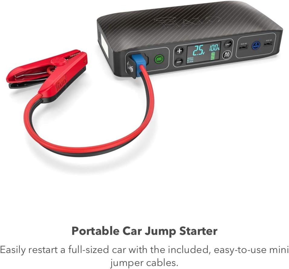 Halo Automotive Bolt Air 58830 mWh Portable Emergency Power Kit with Tire Pump, 4 Interchangeable Air Nozzles, Extra Accessory Kit, Car Jump Starter, and Car Charger - Blue Graphite