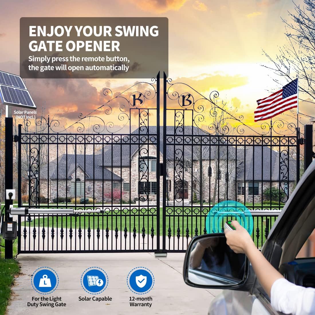 CASAR HJ4022 Dual Swing Gate Opener Light Duty Automatic Gate Motor for Double Swing Gate Up to 12ft per Arm, Electric Driveway Gate Operator AC Powered with Remote Control Kit Solar Compatible