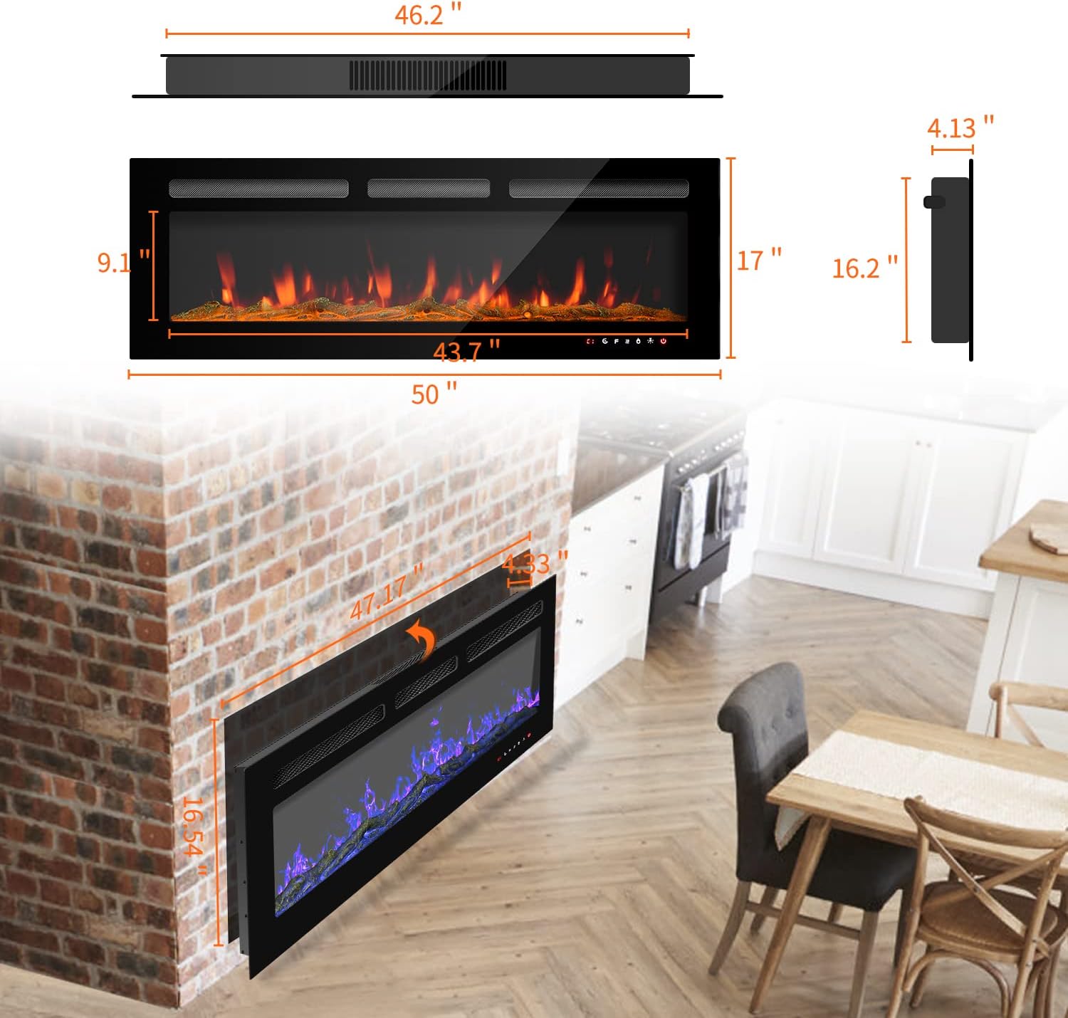 50 inch Electric Fireplace Recessed and Wall Mounted Electric Fireplace Insert with Touch Screen Remote Control Timer 12 Flame Colors Fire Place for Living Room, 750W/1500W Heater, Log/Crystal