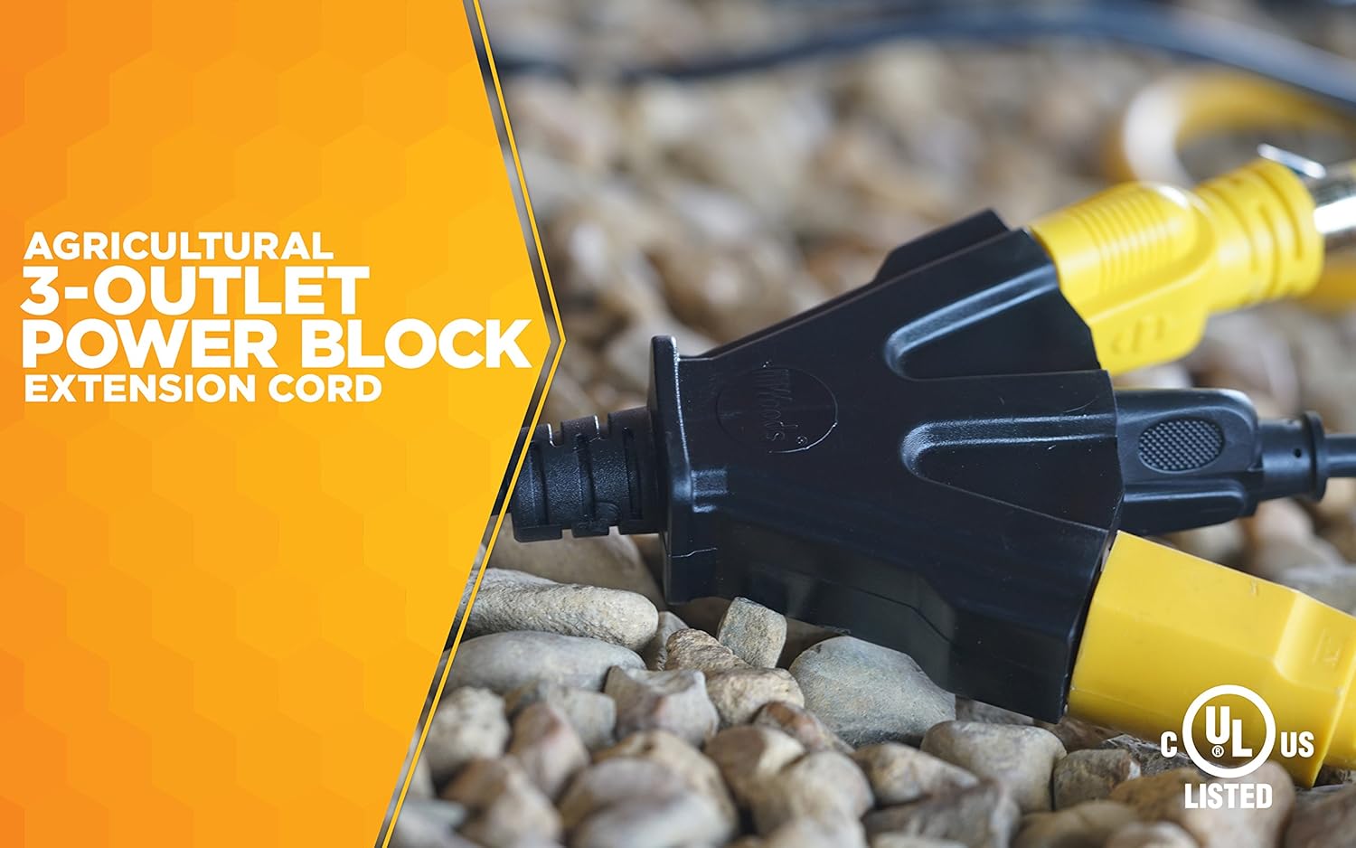 Woods, Black AgriPro 2451 14/3 25-Foot Heavy Duty 15-Amp SJTOW Farm/Workshop Multi Extension Cord, Turns 1 3 Outlet Tri-Tap Adapter, Feet, Ft Pack of 2