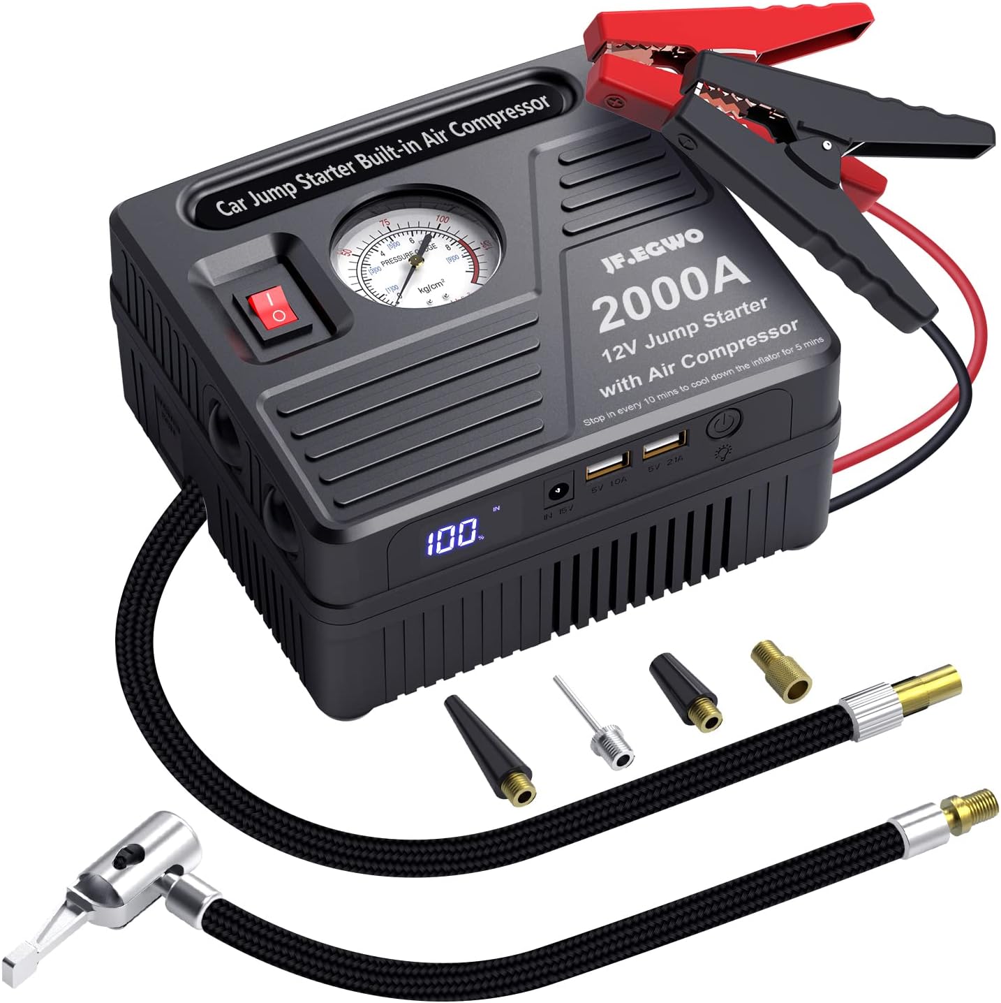Car Jump Starter with Air Compressor, 2000 AMP Peak Jump Cable, 150 PSI Air Pump, 20000mAh Li-on Battery Jump Pack, Built-in 2 USB Ports and 2 LED Lights