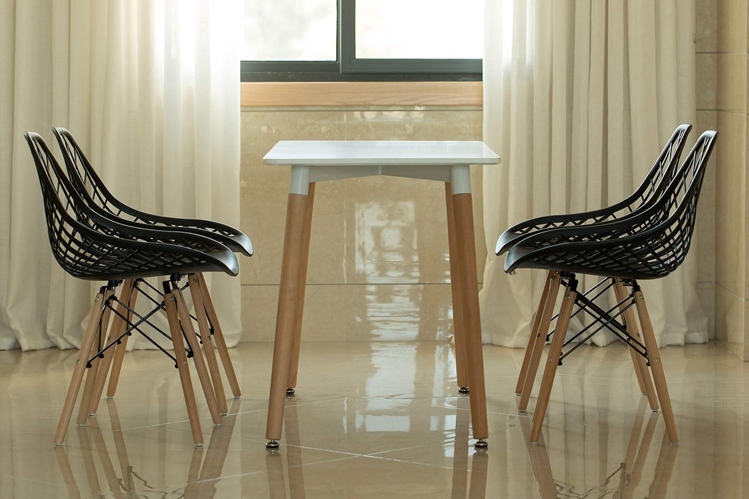 Fabulaxe Mid-Century Modern Style Plastic DSW Shell Dining Chair with Lattice Back and Wooden Dowel Eiffel Legs, Set of 4 Black