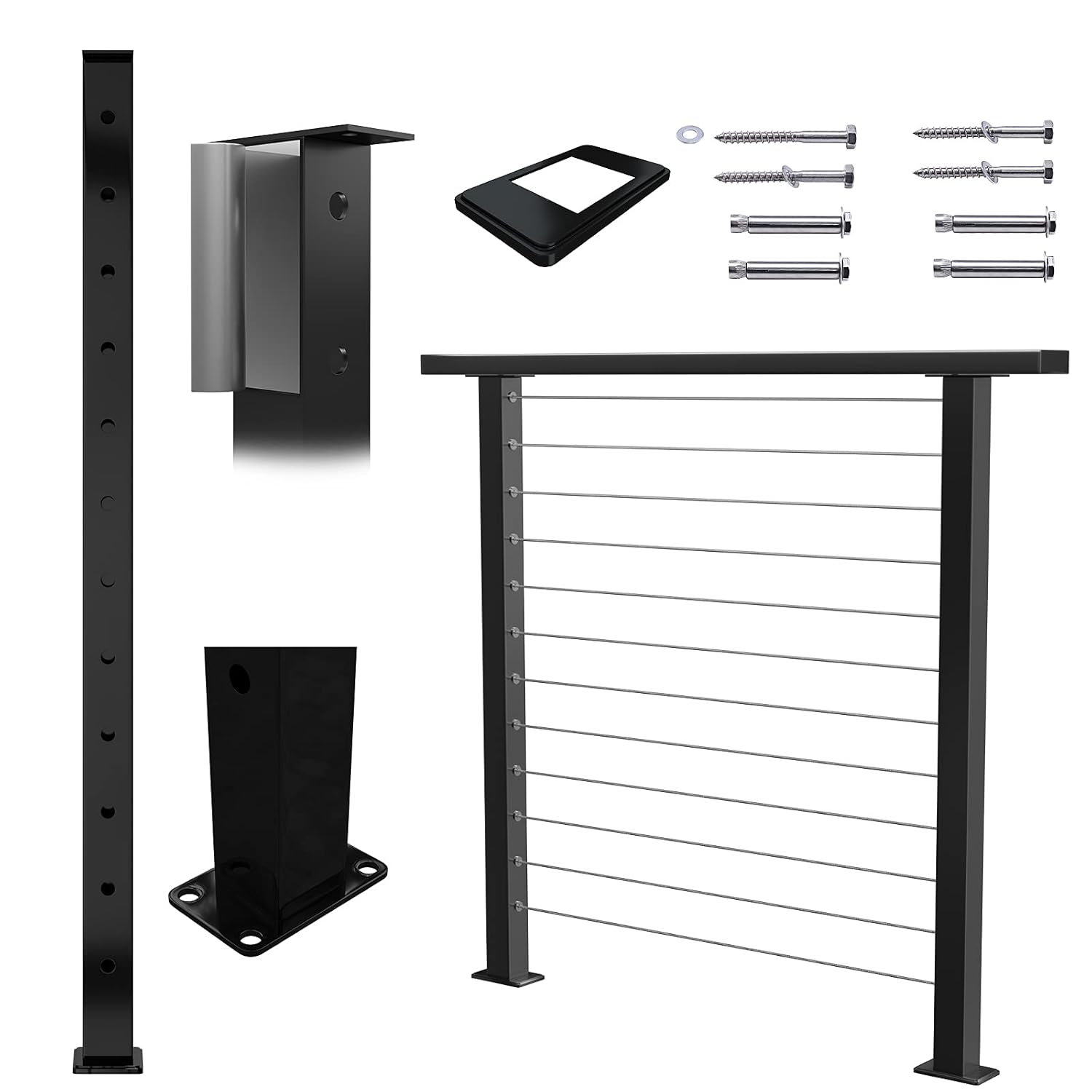 Muzata Cable Railing End Post Black Square Weldless Flat Top 42''x2''x2'' Stainless Steel One-Side Drilled for Wood Concrete Surface Mount Level Deck Balustrade Invisible PS02 BS4L PT1 PT3 PT6