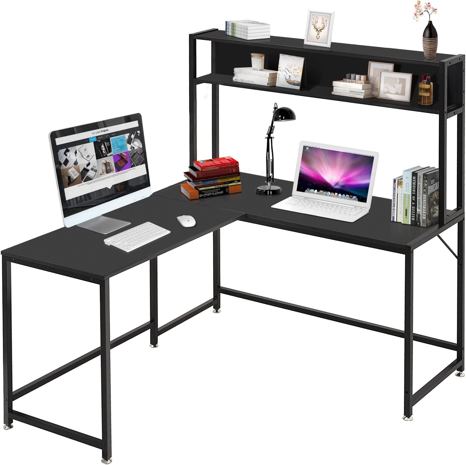 L Shaped Desk, Corner Computer Desk with Hutch and Storage Bookshelf, 55 inch Home Office Desk Study Writing PC Table Workstation for Small Spaces, Modern Simple Style