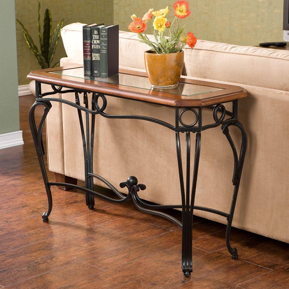 Southern Enterprises Thomas 42 in. Black/Dark Cherry Rectangle Glass Console Table, Black Metal Frame with Dark Cherry Trim