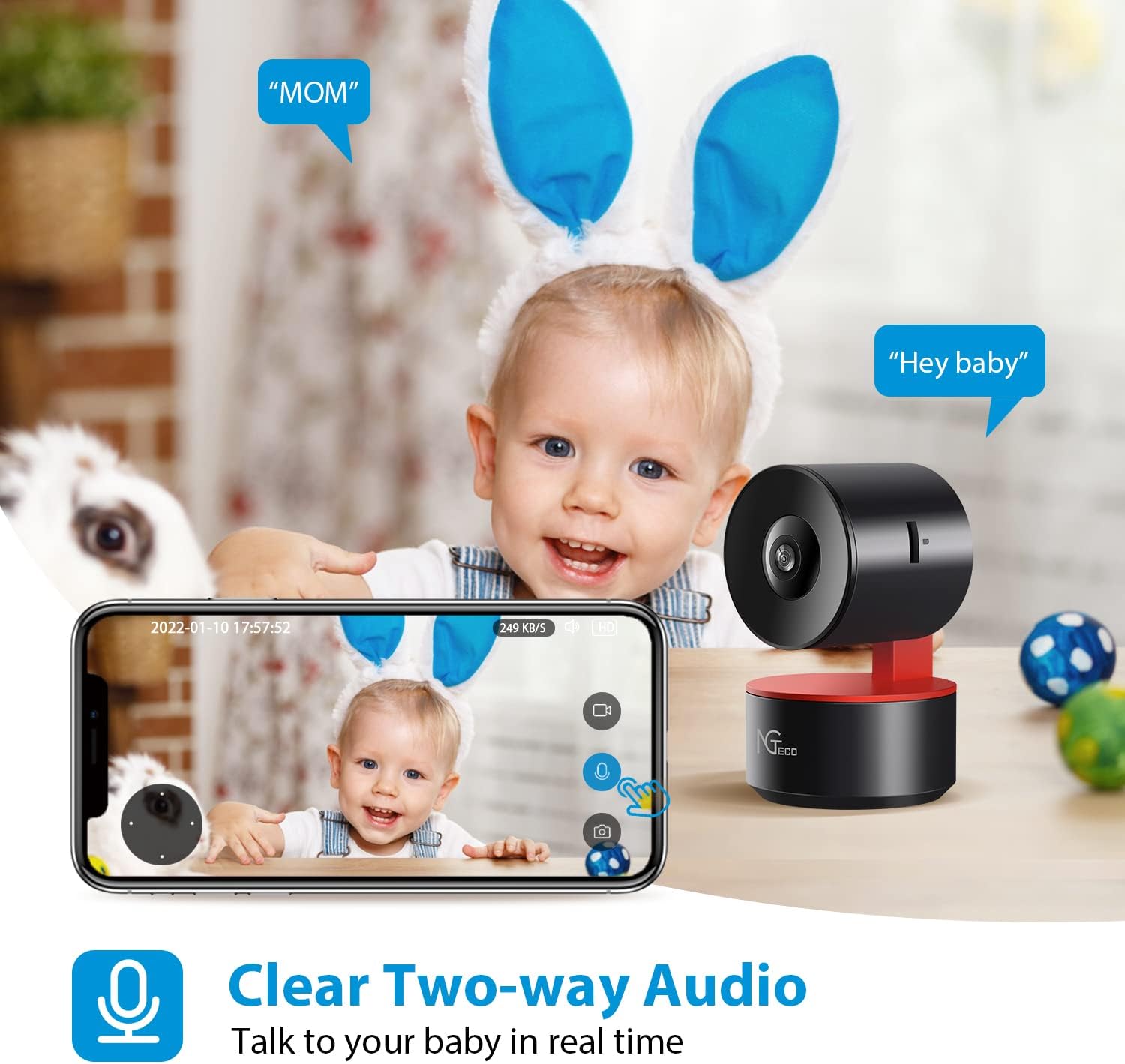 Security Camera Indoor, NGTeco WiFi Cameras for Home Security System, 1080P Baby Monitor Dog Cam w Night Vision 2 Way Audio, Motion Detection Work with Alexa Google Assistant Pack of 2