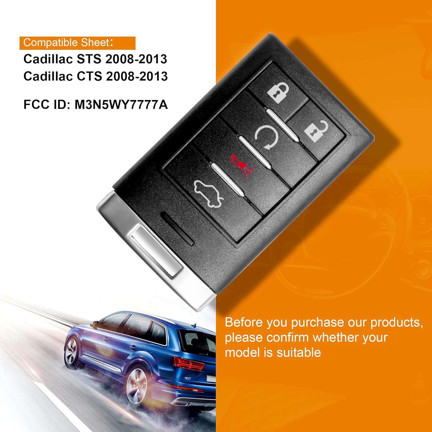 Tyranway Fits for 5 Button Keyless Entry Remote Smart Key fob Cadillac CTS 2008-2015/ STS 2008-2011 (FCC ID: M3N5WY7777A)