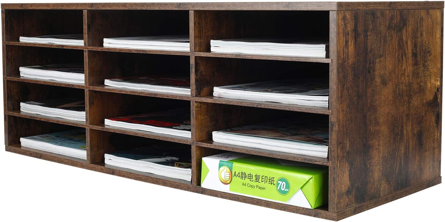 PAG Wood Desktop Literature Organizer Adjustable File Sorter Mail Center Magazine Holder Paper Storage Cabinet Classroom Keepers Mailbox, 12 Slots(4 Layers and 3 Columns), Retro White Pack of 2