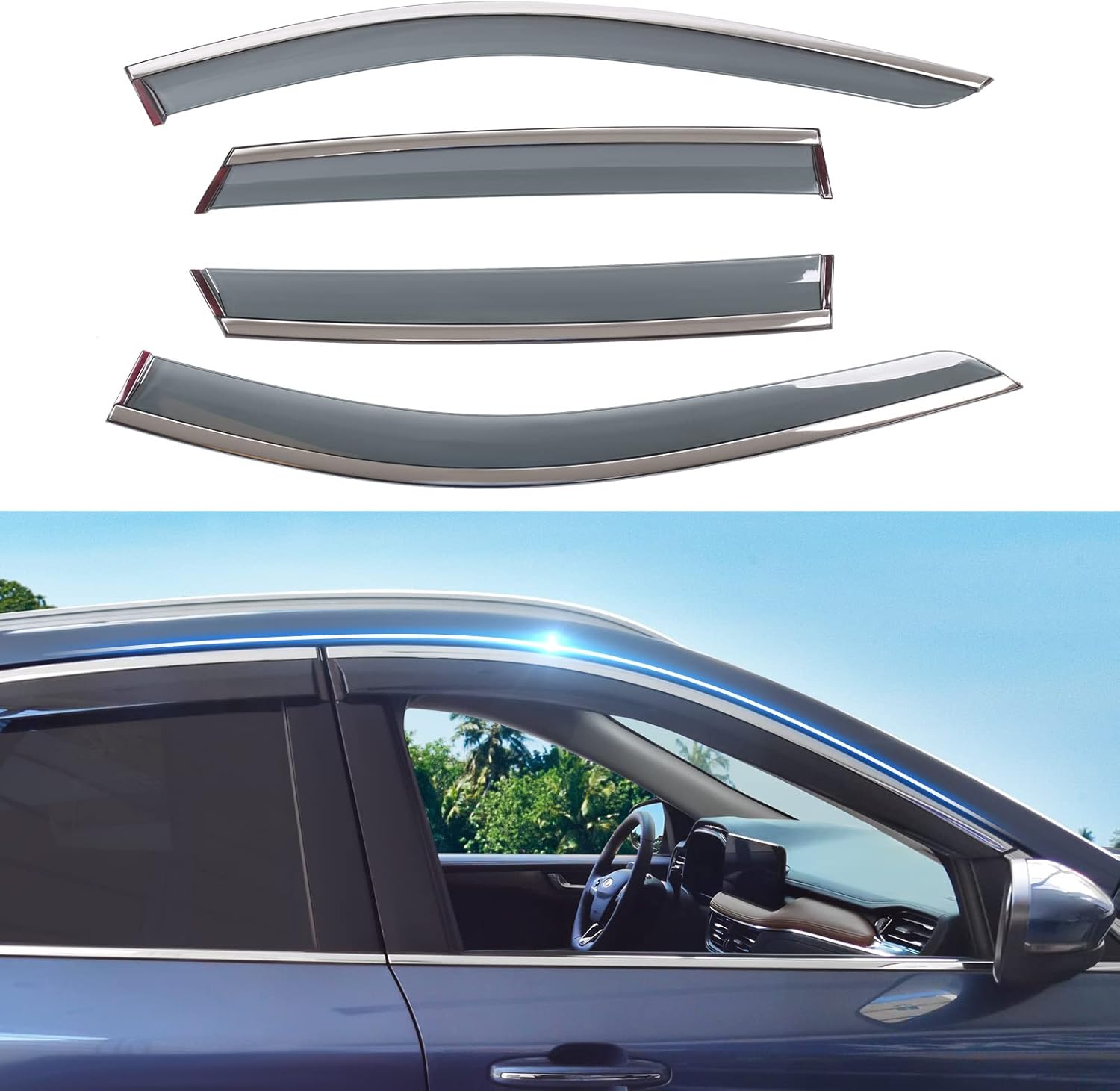 powoq Fit 2020-2022 Ford Escape Window Rain Guards Window Visor Ventvisor Tape-on Vent Visor Side Window Deflector for Ford Escape Accessories 2020 2021 2022, with Silver Strip
