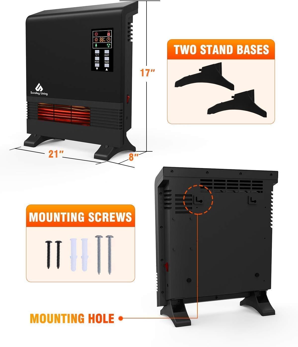 Sunday Living Electric Space Heater, 1500W Infrared Space Heater, Wall Mount or Freestanding, Adjustable Thermostat, Remote Control, 12-H Timer, Quick Heat Wall Heater for Large Room, Bathroom, Garage, Bedroom