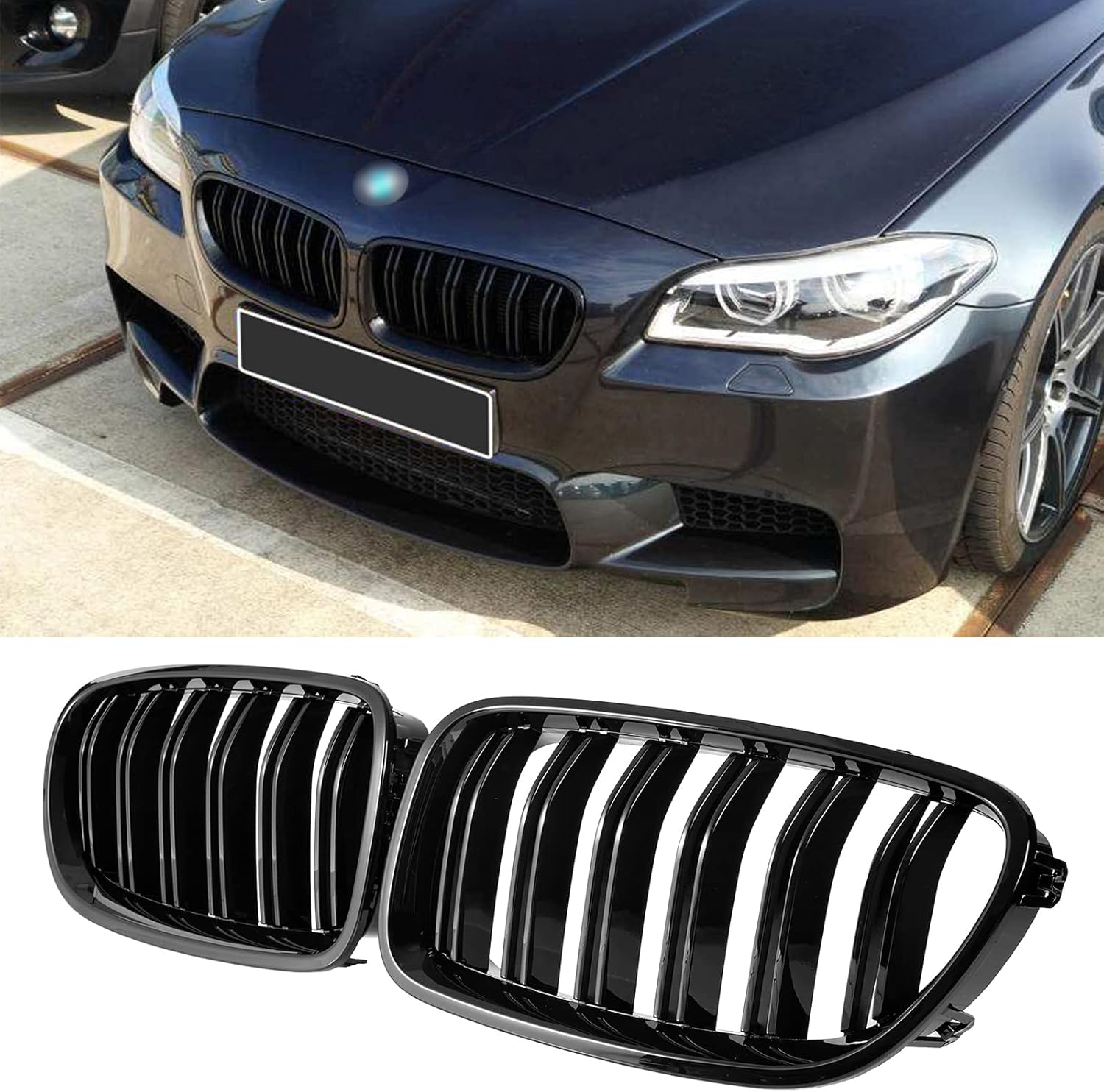 DEKEWEI F10 Grille,Front Kidney Grille Grill Compatible With 2010-2017 5 Series F10 F11 M5 (Double Slats Gloss M Color Grills, 2pcs) Pack of 2