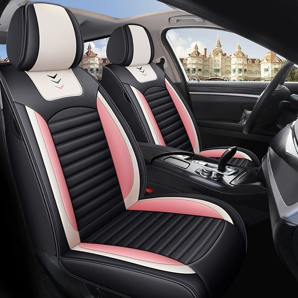 LK02 PU Breathable Leather Car Seat Cover 5-Seats Universal Fit (Luxury Black-Pink)