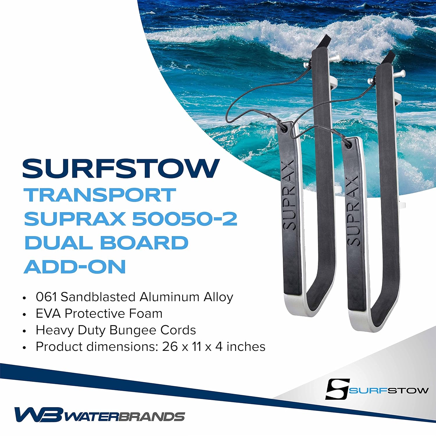 SurfStow Transport SUPRax 50050-2 Boat Mount / Rail Mount Single Board System | for Angled Stanchions | Stand-Up Paddle Board Rack | SUP Board Storage | | Metallic | 26 x 11 x 4 in