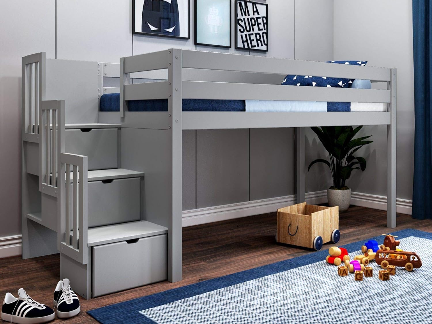 JACKPOT! Contemporary Low Loft Twin Bed with Stairway, Loft Bed, White