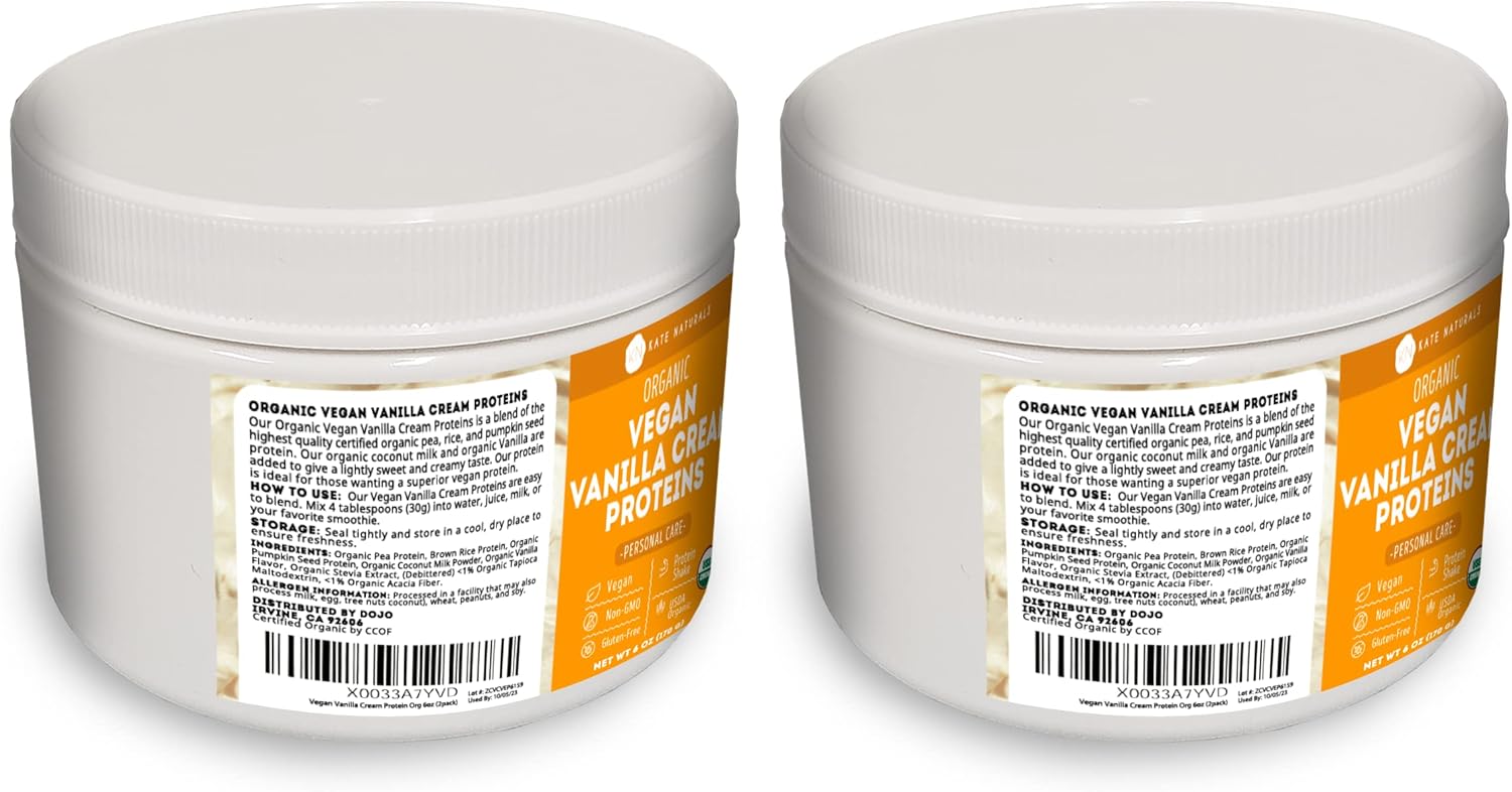 Organic Vegan Vanilla Cream Protein Powder 6 oz (2-Pack) by Kate Naturals. Vegan & Gluten-Free. Delicious Sweet Vanilla-Flavored Non-GMO Protein Shake in Resealable Container. Pack of 2