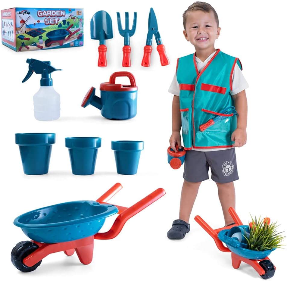 JoyKip Kids Pretend Gardening Tool Set with Wheelbarrow, Spade, Watering Can, and Other Gardening Accessories - Kids Garden Toy for Boys and Girls Ages 4+