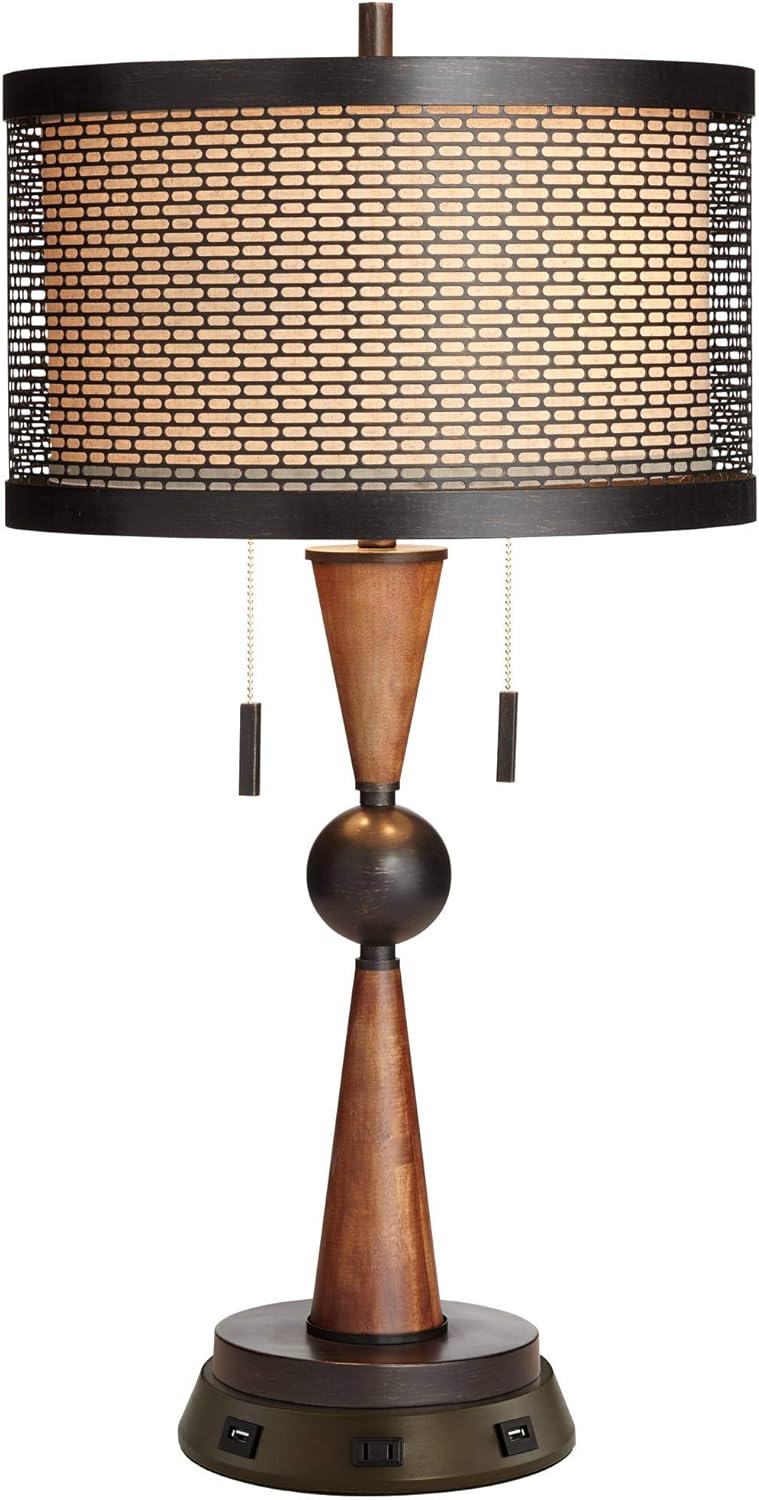 Hunter Farmhouse Vintage Accent Table Lamps Set of 2 with USB Port Bronze Metal Mesh Oatmeal Fabric Drum Shade for Living Room Bedroom House Bedside Nightstand Home Family - Franklin Iron Works