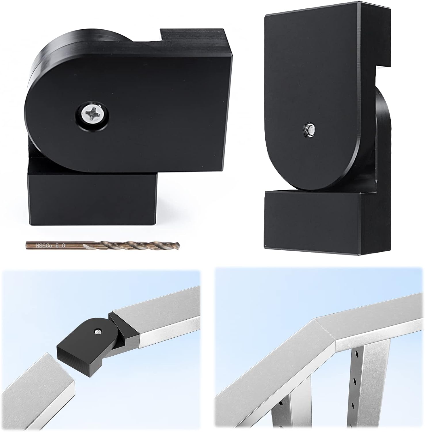 Muzata Rectangle Handrail Connector 90 to 180Degree Adjustable Corner Weldless High Strength POM Black Internal Spline for Top Rail Muzata HT10 Deck Cable Railing, HA24 BNP, HC1 HR0