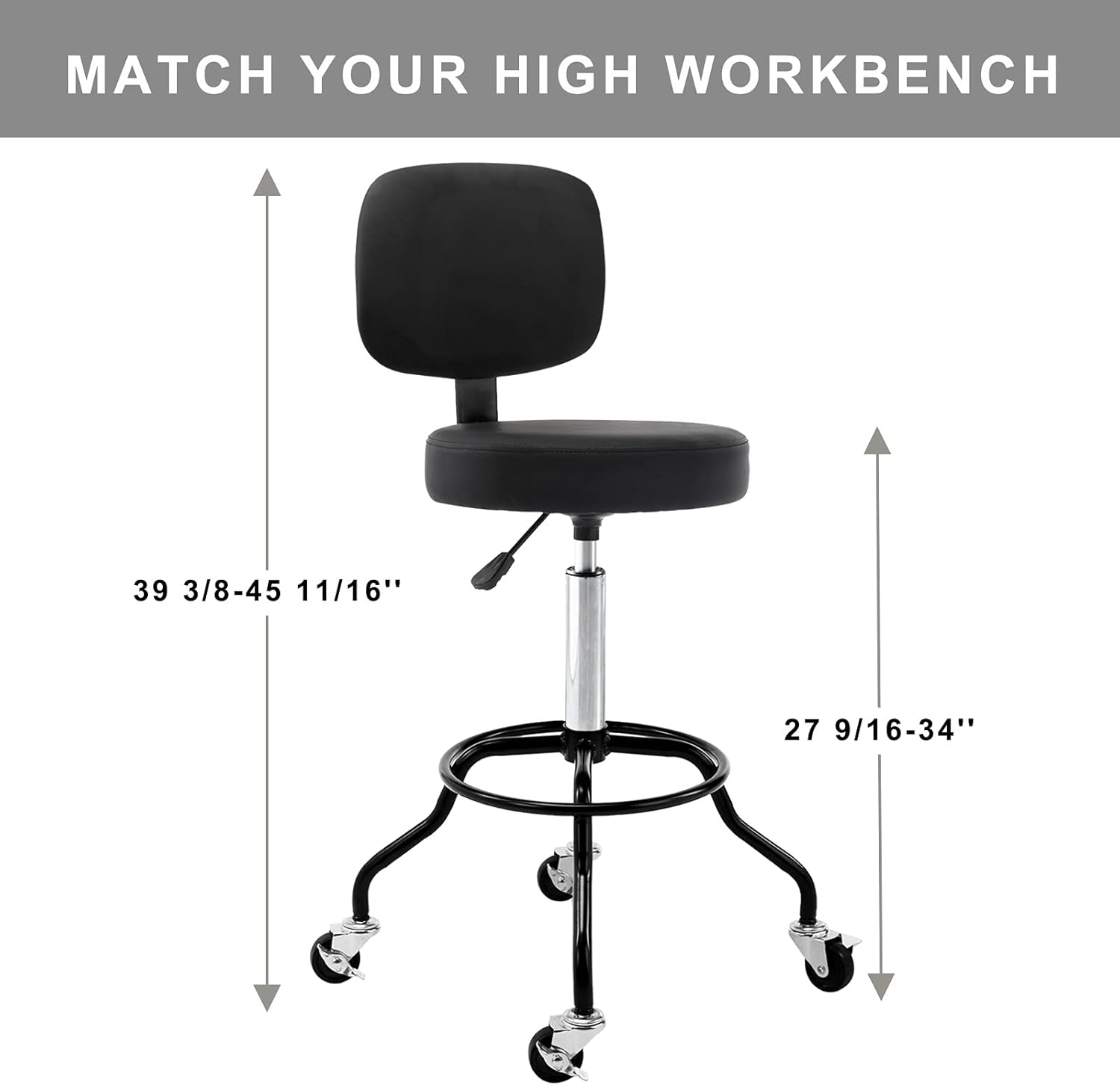 CoVibrant Lockable Cushioned Shop Stool with Ergonomic Backrest Wheels Adjustable Heavy Duty Swivel Stool for Garage Workbench