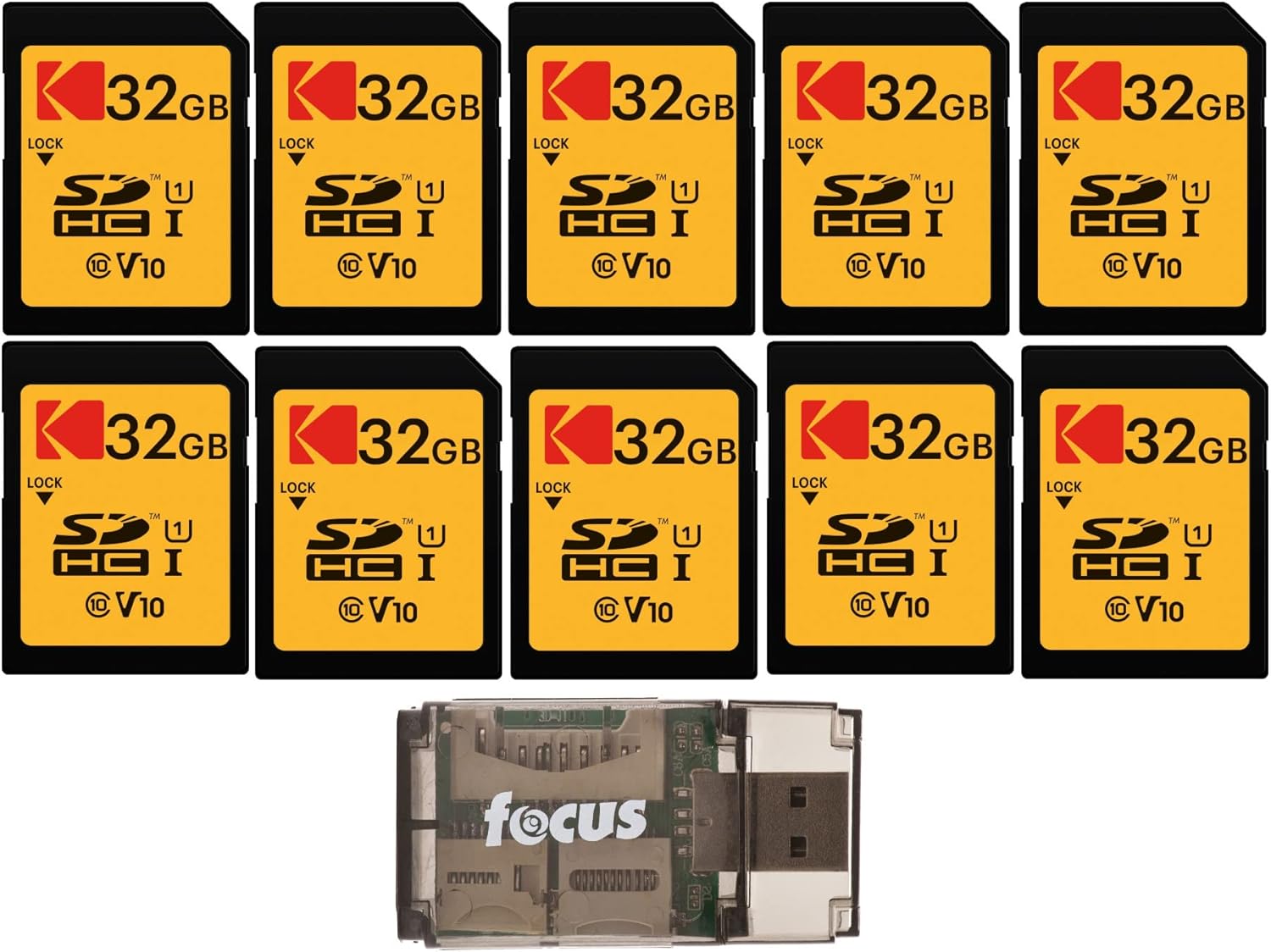 KODAK 32GB Class 10 UHS-I U1 SDHC Memory Card (10-Pack) with Focus All-in-One High-Speed USB 2.0 Card Reader Bundle (11 Items) Pack of 2