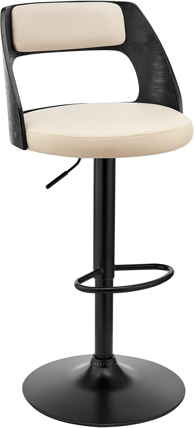 Paulo Adjustable Swivel Cream Faux Leather and Black Wood Bar Stool with Black Base