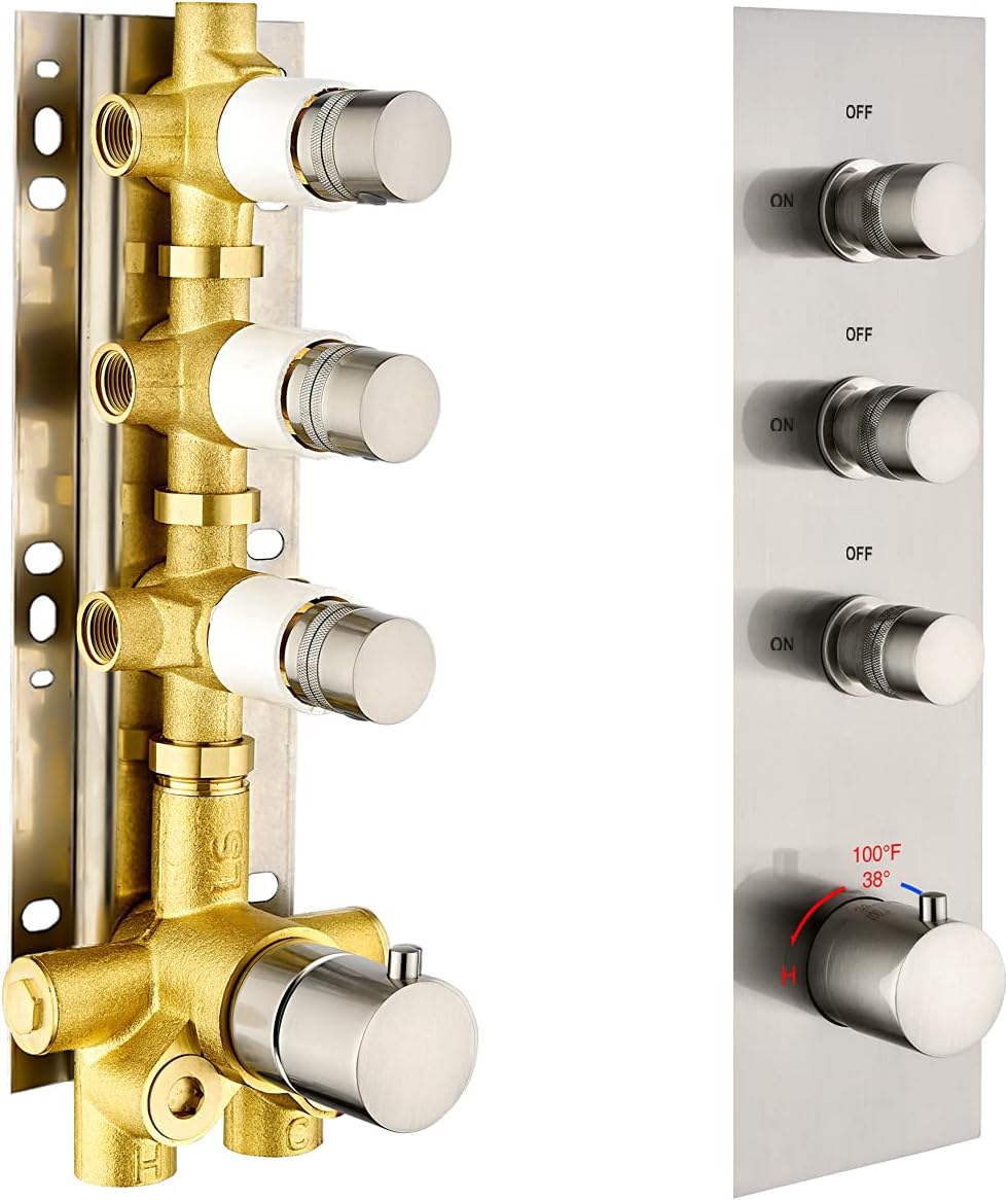 3 Outlet 3-Function Solid Brass Shower Diverter Concealed Thermostatic Mixer Valve with Trim for Bathroom Shower System, Can Simultaneous Operation, Flows Can Be Controlled(Matte Black, Round)