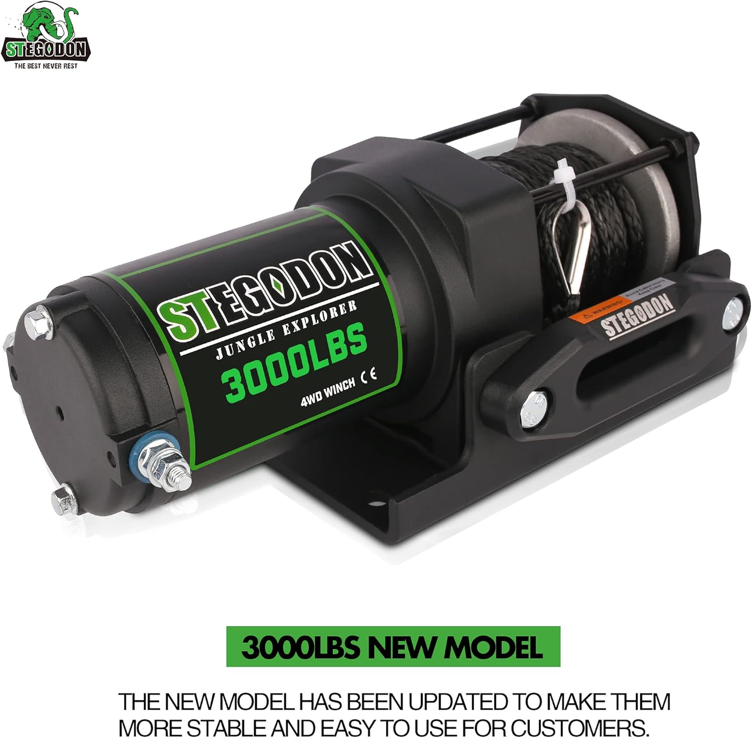 STEGODON New 3000 lb. Load Capacity Electric Winch,12V Synthetic Rope Winch with Wireless Handheld Remote and Wired Handle,Waterproof IP67 Electric Winch with Hawse Fairlead(All Black)