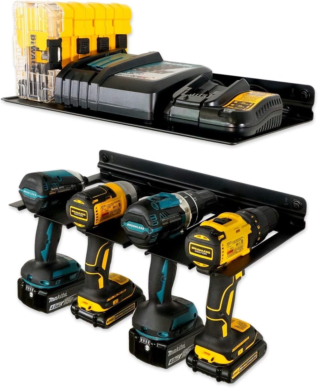 StoreYourBoard Electric Drill Storage Rack, Holds 4 Drills, Hanging Wall Mounted Organizer for Garage, Home, Workshop, Shed (Drill Rack + Shelf) Pack of 2