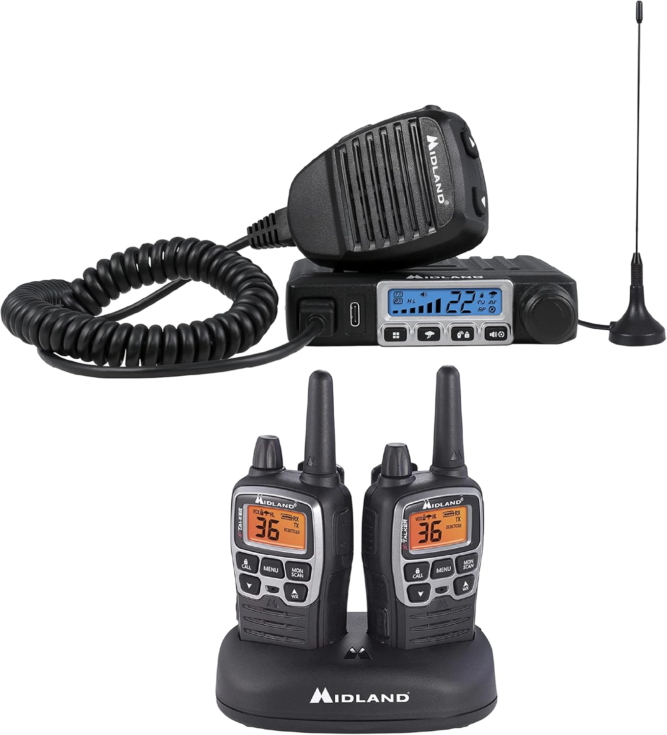 Midland MicroMobile Farm Radio Bundle - MicroMobile 15 Watt GMRS Two-Way Radio with External Magnetic Mount Antenna, and X-TALKER Two-Way Radio (Pair Pack)