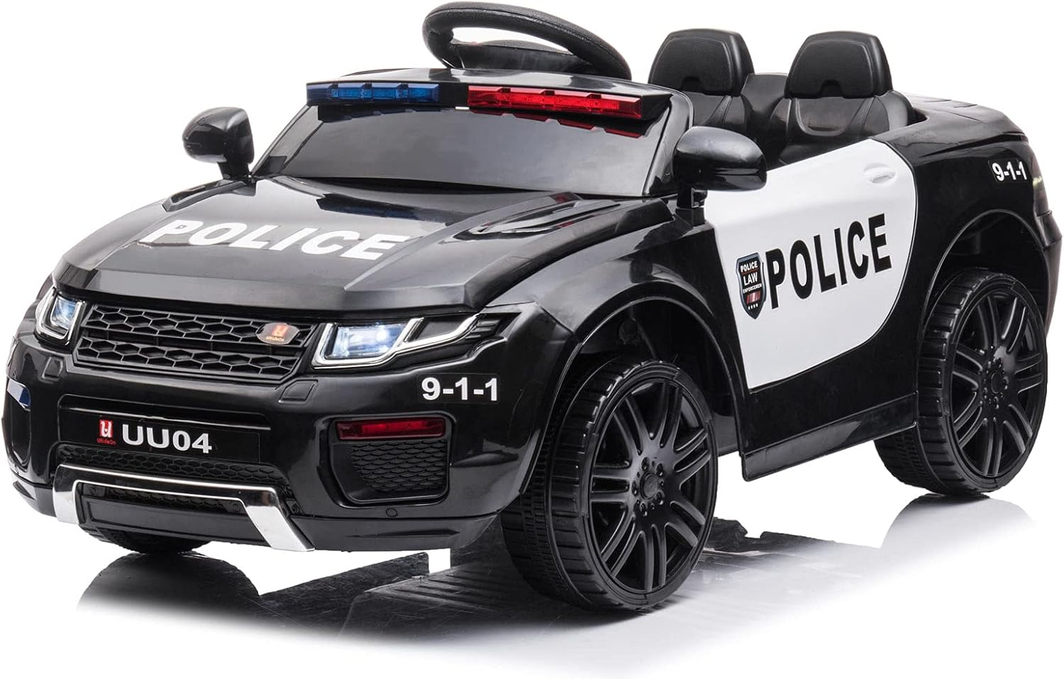 u URideon 12V Ride on Police Car for Kids, Battery Powered Electric Vehicle SUV with Remote Control, Siren, Flashing Light, Music (Black)