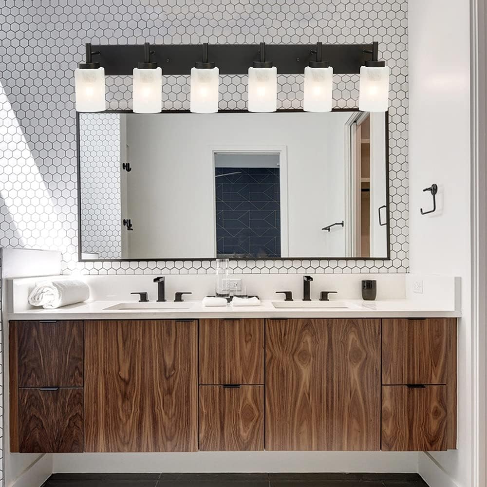 VINLUZ Farmhouse Vanity Light Fixtures Black Bathroom 6-Light Industrial Modern Wall Lighting Sconces with White Alabaster Glass for Bedrooms Living Rooms Hallway