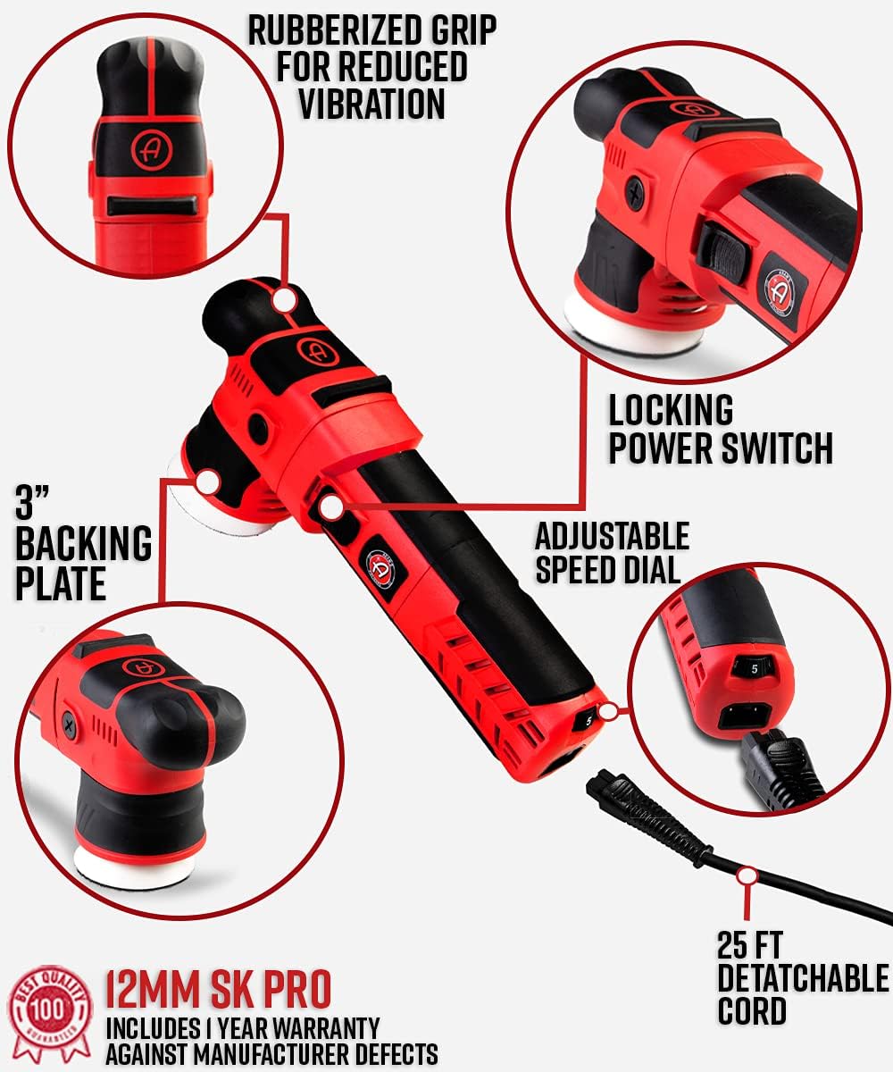 Adam’s SK Pro 12mm Car Polisher - Professional Dual Action Polisher For Car Detailing - Paint Correction, Waxer Buffer DA Polisher - Variable Speed Car Polisher System