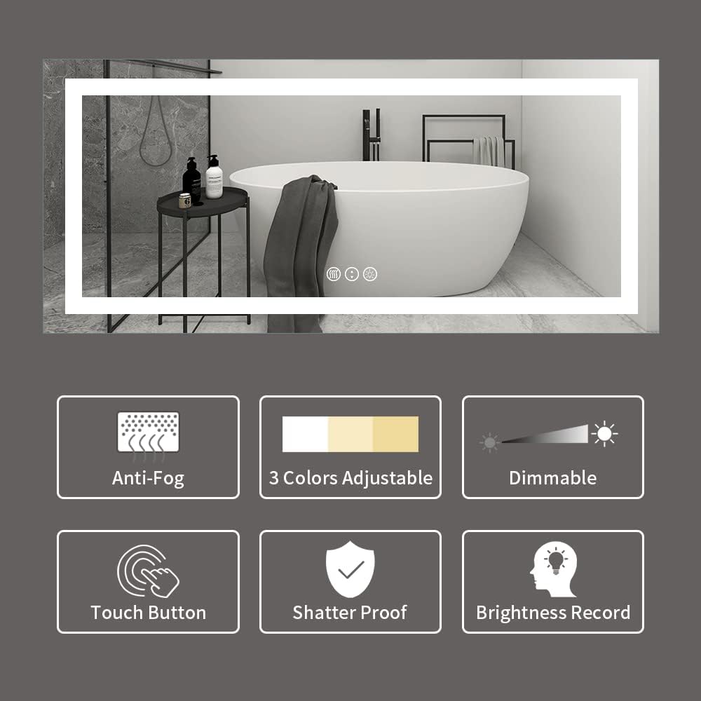Amorho LED Bathroom Mirror 72x 36 - Dimmable WallMirrors with Anti-Fog, Memory, 3 Colors, Double LED Lights (Backlit + Front-Lighted )
