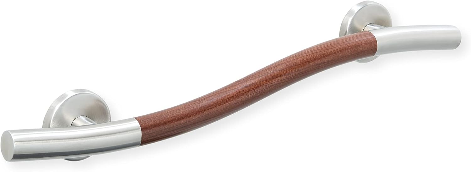 GBS Teakwood Wave Grab Bar - Left Hand/Home Mobility and Bathroom Safety Aid/Support and Slip Prevention/Brushed Nickel/18 Inch Pack of 2