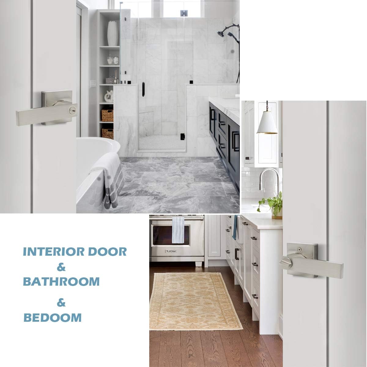 Gobrico 5 Pack Satin Nickel Bedroom/Bathroom Door Handles Levers Square Plate Interior Privacy Door Locksets