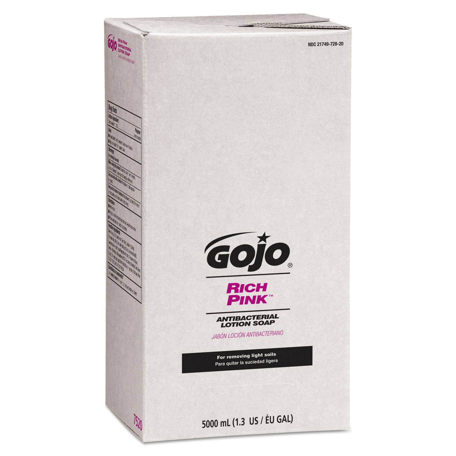 Gojo Rich Pink Antibacterial Lotion Soap Refill, 5000mL, Floral Scent, Pink, 2/Carton (GOJ7520)