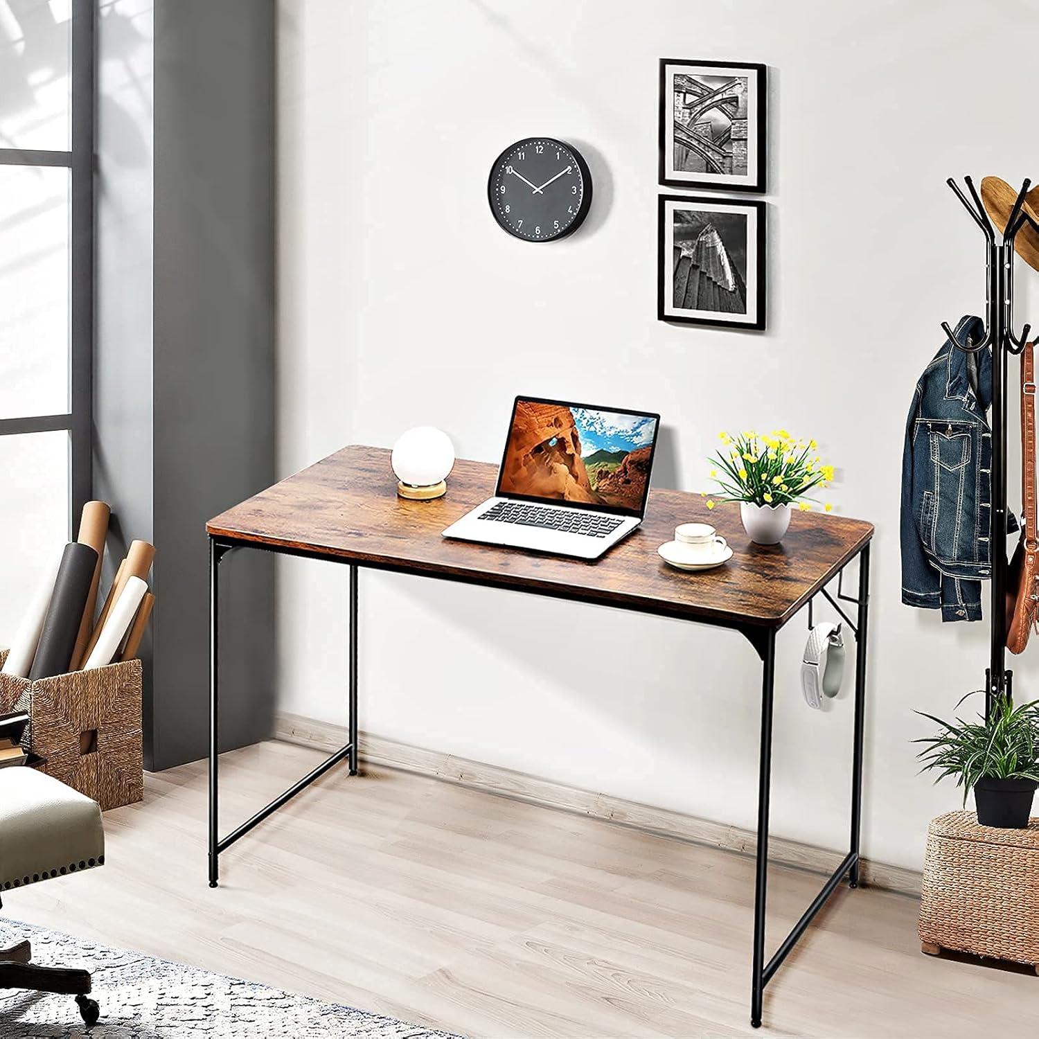 WANSE Computer Desk 47 inch Study Writing Table for Home Office with 2 Hooks, Metal Frame+MDF Desktop, Modern Simple Style,Easy Assembly,Rustic Brown+Black,47.2